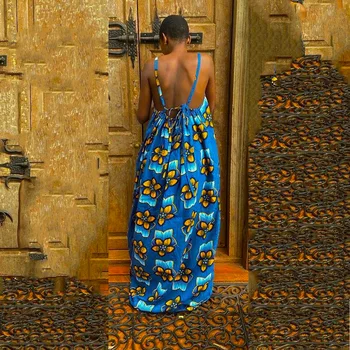 Vintage Afrikanske Kjoler Kvinder Snøre Backless Spaghetti Strop Boubou Mode Blomster Print Løs Afslappede Afrikanske Maxi Kjole Klæder