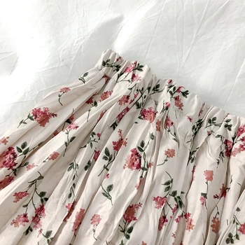 Vintage Blomster Print A-linje Lang Plisseret Nederdele om Sommeren Kvinder koreanske Nederdel Streetwear Snøre Elastik i Taljen Midi-Nederdel