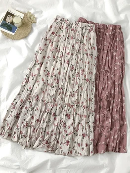 Vintage Blomster Print A-linje Lang Plisseret Nederdele om Sommeren Kvinder koreanske Nederdel Streetwear Snøre Elastik i Taljen Midi-Nederdel