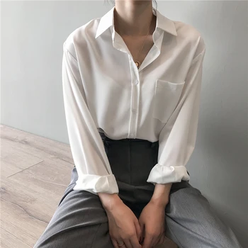 Vintage Bluse Kvinder Efteråret Langærmet Shirt Til Kvinder Koreansk Stil, Casual Løs Hvide Toppe Solid Elegante Blusas Alle Match