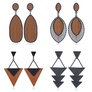 Vintage Elegante Naturlige Træ Øreringe Til Kvinder Mode Boheme Guld Geometriske Splejsning Hule Drop Øreringe Smykker