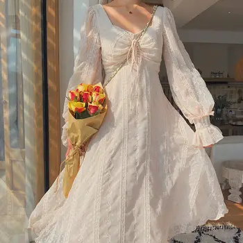 Vintage Fairy Dress Kvinder Elegante Designer Chiffon Kjole med Lange Ærmer franske Part Midi Kjole Afslappet Tøj til Kvinder Efteråret 2021