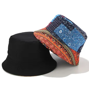 Vintage Mænd solid Blomster print Bucket Hat Fisker Cap Kvinders Bomuld Punk Style Patchwork Hip Hop hatte til kvinder