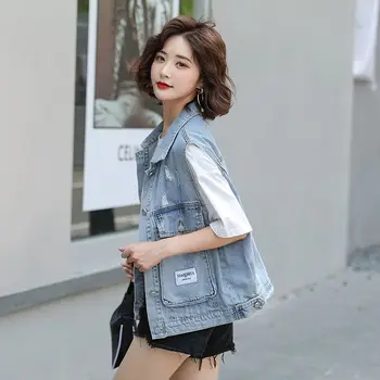 Vintage Rippet Stor Lomme Kvinder Denim Vest Koreansk Stil, Casual Løs Ærmeløs Jeans Vest Kvindelige Mode Jakke, Frakke