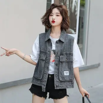 Vintage Rippet Stor Lomme Kvinder Denim Vest Koreansk Stil, Casual Løs Ærmeløs Jeans Vest Kvindelige Mode Jakke, Frakke