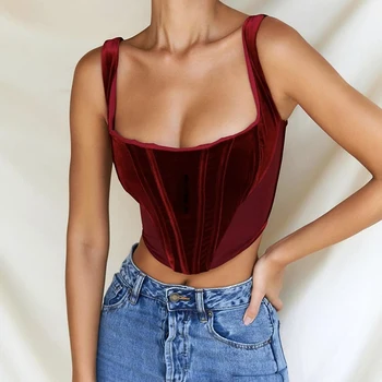 Vintage Sexy Red Velvet Corset Top Kvinder Fishbone Camisole Afgrøde Tank Tops Damer Part Streetwear Camisole