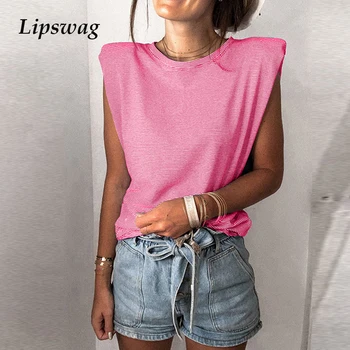 Vintage Stribet Print Ærmeløs T-Shirts Kvinder 2021 Sommeren Afslappet Løse Toppe Kvindelige Pullover Mode O-Neck T-Shirt Harajuku