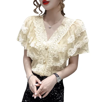 Vintage Tynde Blonder Blomst knappen Kvinder shirt kvindelige Sommeren 2021 Nye Sexy-V-hals Hul Blonder syning Casual Bluse Shirts 688B