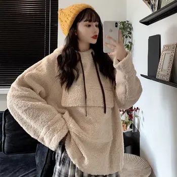 Vinter Mode Varm Lam Velvet Kvinders Hoodie Løs koreanske Pocket Plus Polstret Fløjl Pullover Toppe Sweatshirt