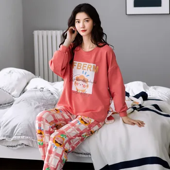 Vinter Varme Pyjamas Sæt Til Kvinder Løs Bomuld, til Kvinder Pyjamas Kawaii Gitter Pullover Nattøj Søde Tegneserie Udskrivning Nattøj