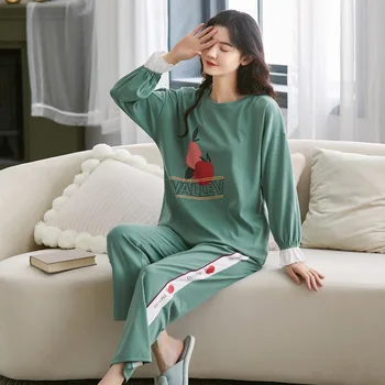 Vinter Varme Pyjamas Sæt Til Kvinder Løs Bomuld, til Kvinder Pyjamas Kawaii Gitter Pullover Nattøj Søde Tegneserie Udskrivning Nattøj