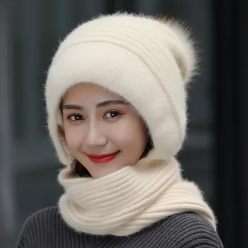 Vinteren Kvinder Skullies Hatte Kombineret med Tørklæde kanin hår strik hat til at varme udendørs cykling vinter hue huer til damer