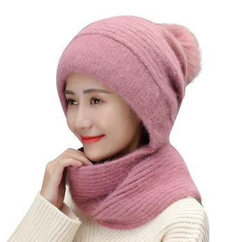 Vinteren Kvinder Skullies Hatte Kombineret med Tørklæde kanin hår strik hat til at varme udendørs cykling vinter hue huer til damer