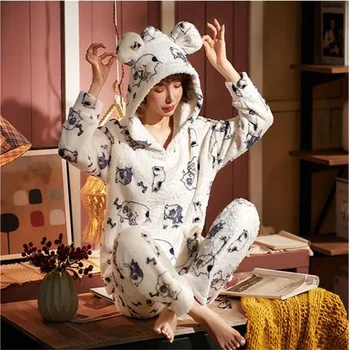 Vinteren Loungewear for Kvinder Tegnefilm Print Varm Skjorte Pyjamas, Nattøj Kære Søde Kat Nattøj Tyk Hjem Klud med Ører