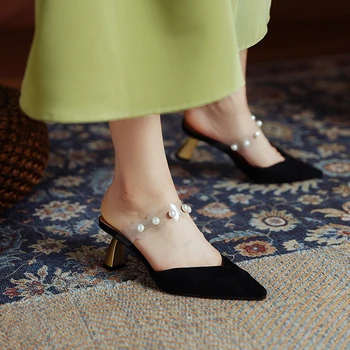 VMTI 2021 Sommer Mode Pearl Gennemsigtig Ord Med Halvdelen Tøfler Baotou Sandaler til Kvinder Solid Farve højhælede Sandaler Kvinder