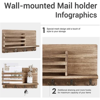 Vægmonteret Mail Indehaveren Træ-Mail Sorter Arrangør,med 4 Dobbelt-Tasten Kroge, boligindretning,til Indgang eller Mudderbad