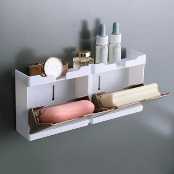 Vægmonteret Soap Box Flip Type Sæbe Afløb Storage-Rack Med To Kroge Badeværelse Hylde Badeværelse storage rack