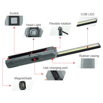 WasaFire COB LED arbejdslampe USB-Genopladelig Lommelygte Magnetiske Fakkel Inspektion Hånd Lampe Arbejdslygter Udendørs Spotlight