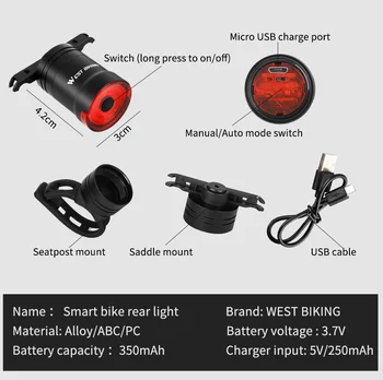 WEST CYKLING Smart LED Cykel baglygte USB-Genopladelige Auto Start/Stop Vandtæt Cykel Bremse Sensing Sikkerhed Advarsel Lys