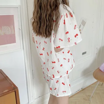 WIKISSPJS 2021 Sommeren Nye Dejlige Kirsebær Print koreanske Kvinder Casual Pyjamas med Bomuld Lounge Wear Soveværelse Sæt