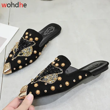 Wohdhe fashion kvinder muldyr spids tå lave hæle kvinder sandaler lukket tå dyreprint bling tøfler