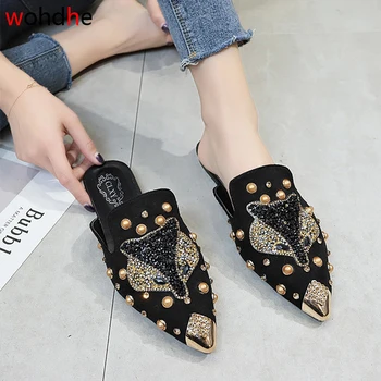 Wohdhe fashion kvinder muldyr spids tå lave hæle kvinder sandaler lukket tå dyreprint bling tøfler