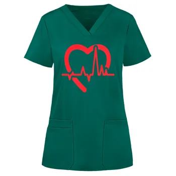 Women Print Nursing Scrubs Tops T Shirt Casual Short Sleeve Scrubs Uniforms Nurse V-neck Pocket Clothes Beauty Salon Workwear A5