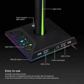 X37D Ajazz RGB Gaming Hovedtelefoner Stå Bruser Headset Bøjle Base USB-Port til Skrivebordet Hovedtelefon Tilbehør