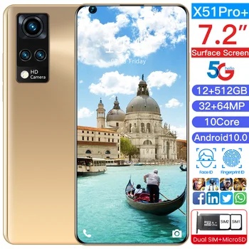 X51 Pro 7.2 Tommer 12+512GB Smartphones Dual SIM Ansigt, Fingeraftryk Lås Android10 32+64MP HD-Kamera 10Core 6800mAh Globale Version