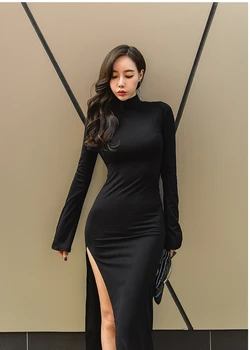 Xiaolin Efteråret Nye koreanske Kvinder Stå Krave Lange Ærmer Høj Slids Kappe Kjole Normcore Stil