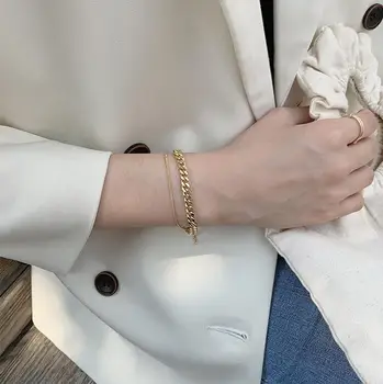 XIYANIKE 925 Sterling Sølv koreanske Geometriske Minimalistisk Dobbelt-lag Tyk Tynd Kæde Armbånd Temperament Charme Kvindelige Elegant