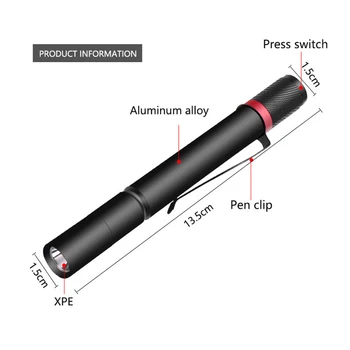 XPE LED Lommelygte Lommelygte Taktisk Lommelygte med Clips, 13,5 CM / 9CM, Håndholdte Pen Light Pocket Fakkel, 3 Tilstande, Vandtæt