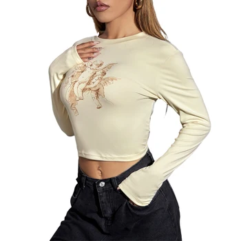 Y2k WomenCasual langærmet T-shirt Mode Karakter Print, Rund Hals Udsat Navlen Toppe til Efteråret