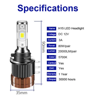 YHKOMS Canbus H15 LED Forlygte Bil-LED-Lampe 80W 20000LM 5700K Fejl Gratis High Beam Lygten og Dagene Kører lys