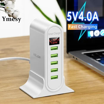 Ymesy Bærbare 5-port USB-Mobiltelefon-Oplader, Smart LED Digital Oplader Til Hjemmet Udflugt Og Rejser