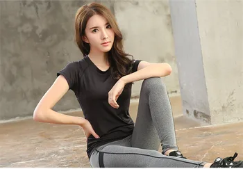 Yoga Hurtig Tør Sportstøj, der Kører Kvinder Elastisk Fitnesscenter Åndbart Tøj Solid Black Korte T-shirt