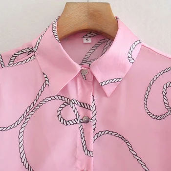 Za 2021 Kvinder Smarte Pink Geometriske Print Løs Shirts Enkelt Knap Pletten Streetwear Bluser Stilfulde, Elegante Toppe Mujer