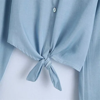 Za Vintage Revers, Enkelt-breasted langærmet Shirt Design Mode Uregelmæssige Sløjfeknude Hem