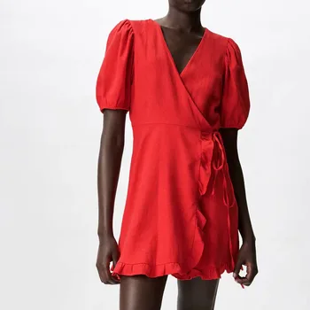 ZA2021 sommer ny sød ren farve tøj til kvinder v-hals, slank, kort-langærmet højtaljede hør kjole
