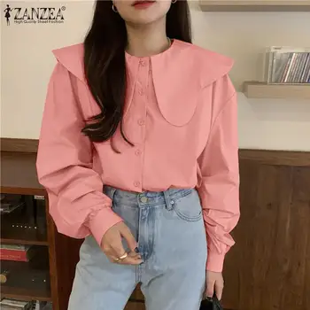 ZANZEA Kontor Dame Shirts 2021 Kvinder Elegant Sommer Toppe Casual Solid langærmet Tunika Damer Revers Løs Oversize Blusa Femme