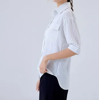 ZAWFL Dame Toppe Og Bluser 2020 Half Sleeve Stribet Bluse med Print Turn-down-Hals i Loose Fit Top Bluse Ropa Mujer Moda