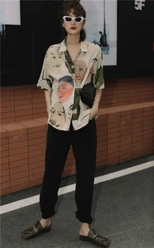 ZCSMLL Japansk Streetwear Ukiyoe Print Sommer Bluse Kvinder 2021 Collared Knap Op-Shirt kortærmet Top Og Bluse Tøj