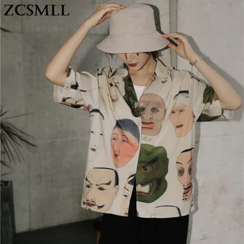 ZCSMLL Japansk Streetwear Ukiyoe Print Sommer Bluse Kvinder 2021 Collared Knap Op-Shirt kortærmet Top Og Bluse Tøj