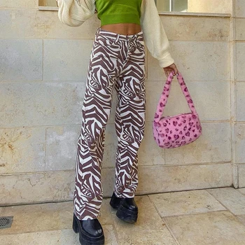 Zebra Mønster Høj Talje Mode Kvinder Jeans af 90'erne Streetwear Bukser Posede Ben Bukser Mødre Boyfriend Bukser Denim Capris Donsignet