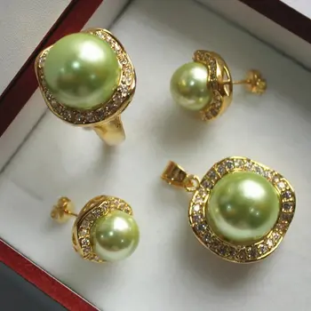 ædle smykker sæt 18KGP+10mm grøn shell pearl,ring, vedhæng & stud øreringe jade