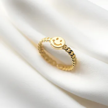 Ægte 925 Sterling Sølv Fingerringe Til Kvinder Guld Smil Ansigt Trendy fine Smykker Store Justerbare Ringe Anillos