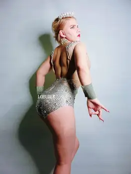 Ærmeløs Backless Rhinestones Bodysuit Trikot Tights Bar Natklub Kvinder, Sanger, Danser Team Fase Bære Sexet Crystal Kostume