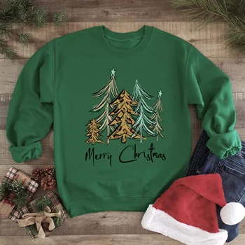 Æstetisk Glædelig Jul Farvet Sweatshirt Sjove Sublimation Træer Grafisk Bomuld Pullovere Kvinder Jul Gave Toppe